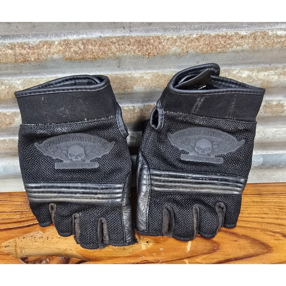 Harley-Davidson Fingerless Motorcycle Gloves Leather Skull Logo Mens Medium